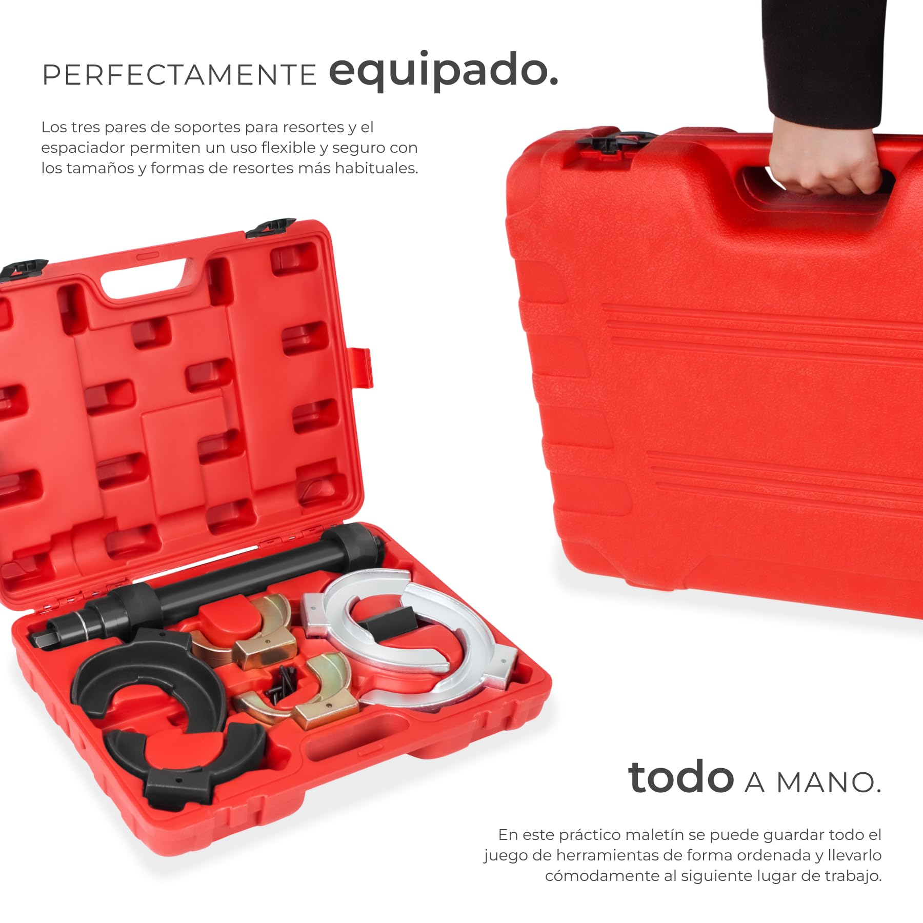 tectake® Compresor Muelles Amortiguador Universal para Sistemas McPherson, Diámetro 80-190mm, Compresor de Muelles Amortiguador con Apertura 300mm, 3 Cabezales de Sujeción, Práctico Maletín