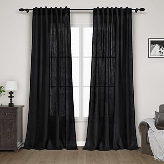 Black Linen Curtains 84 inches Long 2 Panels for Bedroom Back Tab Light Filtering