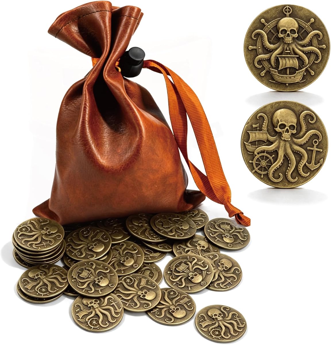 Pirate Metal Coins Set with Leather Drawstring Pouch, Octopus Theme, Gold and Silver (Gold 100 pcs)