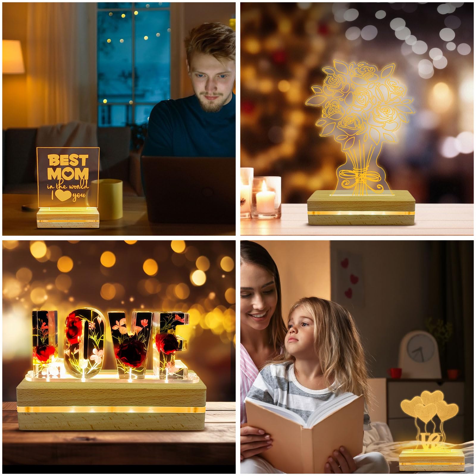 LED Lichter Display Basis, 2 Stück Rechteckiger 15 cm Holz Display Ständer, LED Leuchten Display Sockel Holzaufsteller für 5 mm Acrylglas Spaneel Tischdisplay (mehrfarbiges Licht)