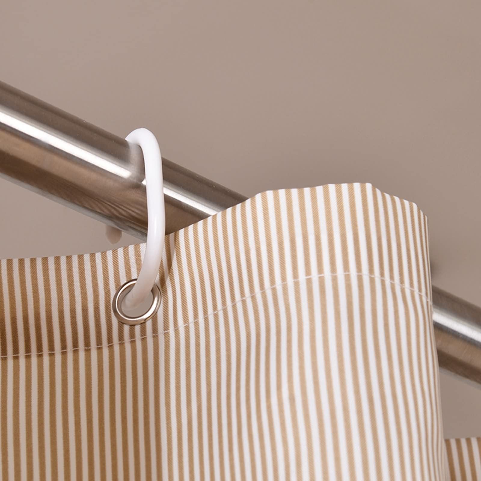 Tenda Doccia 200 x 220, Poliestere Beige Motivo a righe bicolore Tenda da bagno con ganci in metallo e plastica