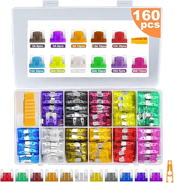 Micro Mini Blade Fuse, Bst4u 160PCS Auto Car Standard Blade Fuses Replacement Kit 2A/3A/5A/7.5A/10A/15A/20A/25A/30A/35A/40A with Fuse Extrator in Carrying Box