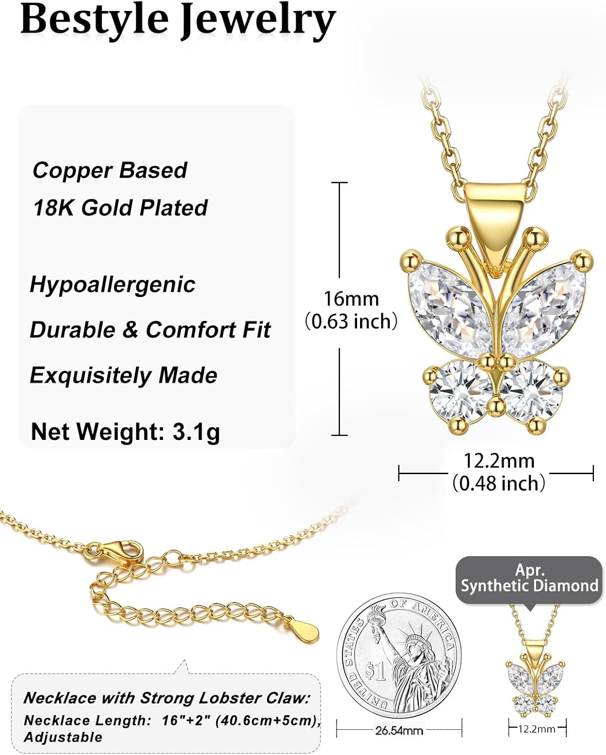 Bestyle Cute Butterfly Birthstone Necklace for Women, Dazzling Cute Silver/Gold Necklace Choker Chain, Great Birthstone Jewelry for Her