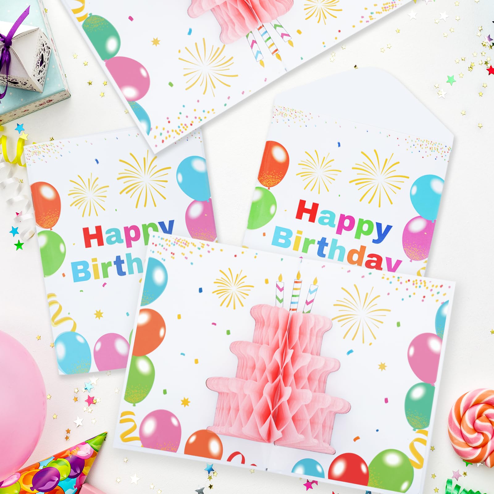 6 Slots 3D Happy Birthday Gift Card Booklet with Envelopes 3D Honeycomb Birthday Money Holder for Cash Gifts Surprise Money Card Sleeves Book Money Gift Ideas for Teacher Employee Friends (Colorful)