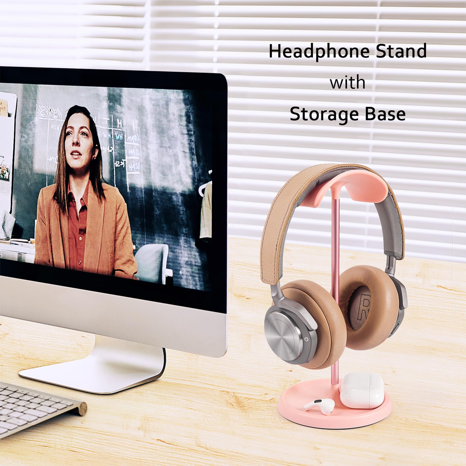 Kopfhörer Ständer, Gebogener Headset Halterung mit Ablagefach, Schwere Basis Gaming Kopfhörer Halter für AirPods Max, Beats, Bose, Sennheiser, Sony, und mehr (Rosa)