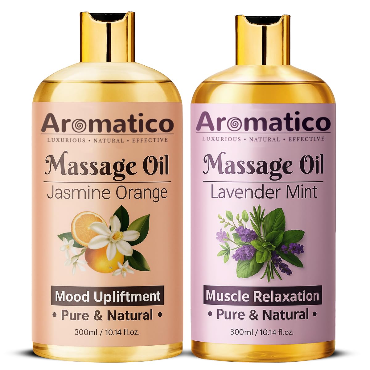AROMATICO - Lavender Mint & Jasmine Orange Massage Oils Pack of 2. For Mood Upliftment, Muscle Relaxation & Skin Nourishment, 100% Natural, Non-Sticky 300ml Pack of 2