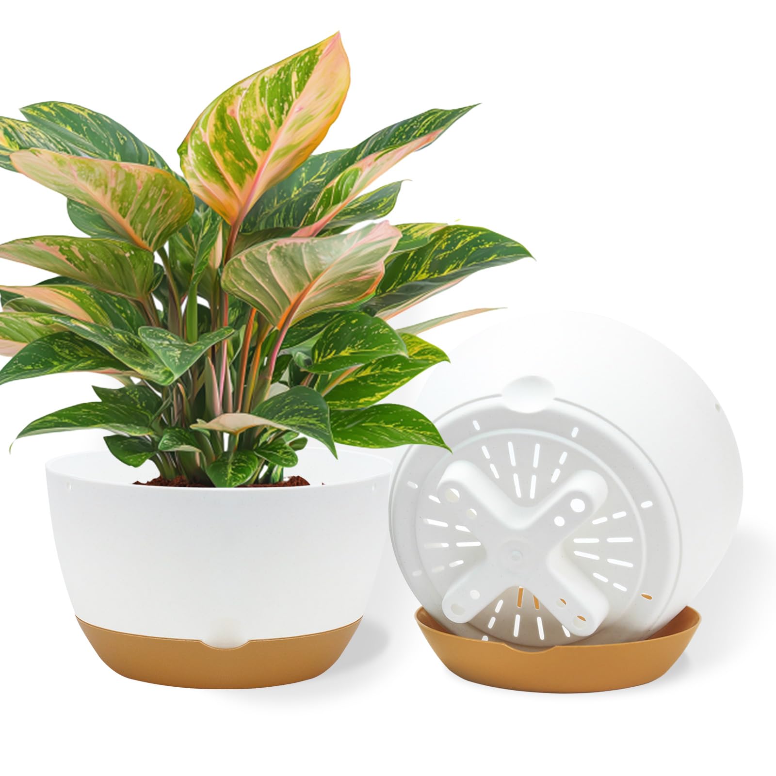 10 Inch Pots for Indoor Plants, Large Self Watering Planters with Drainage and Saucers, Plastic Outdoor Flower Pot, Set of 2, White