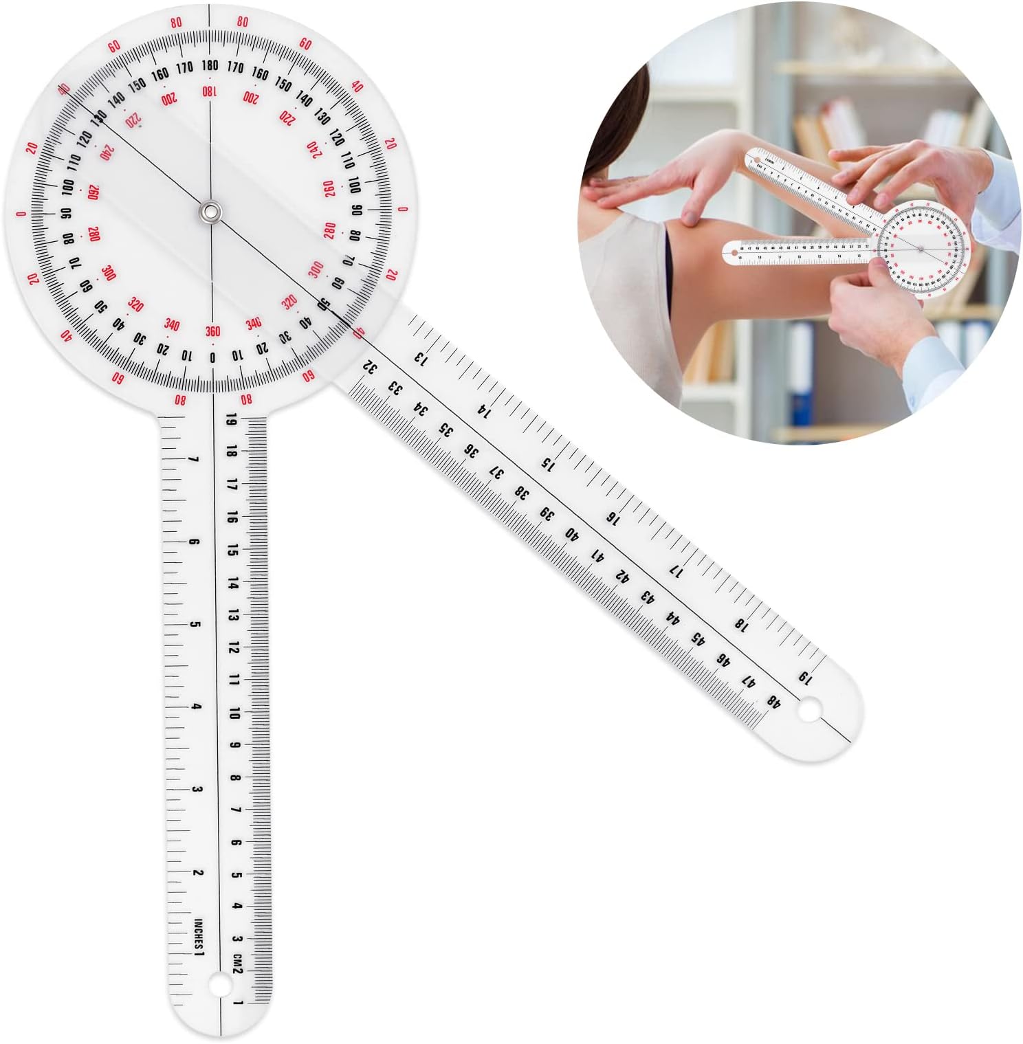 12 Inch Goniometer, Transparent Orthopedic Angle Ruler Plastic Goniometer 360 Degree Goniometer Angle Protractor Goniometer for Body Measuring Tape Goniometer Protractor Ruler