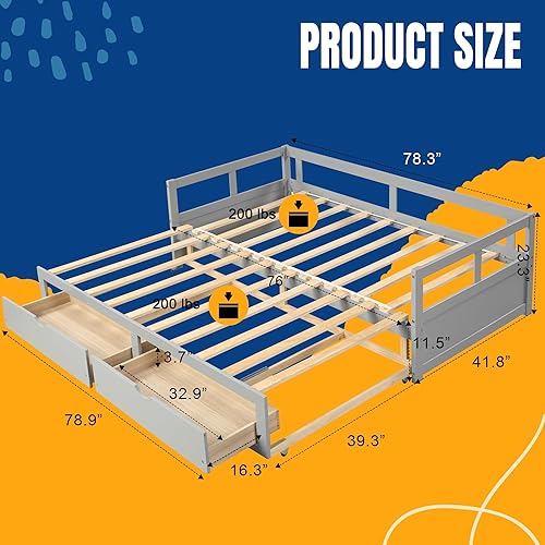 Miniatura 1 de May in Color Sofá cama extensible de tamaño individual a King, marcos de cama de madera con nido extraíble y cajones de almacenamiento, marco de