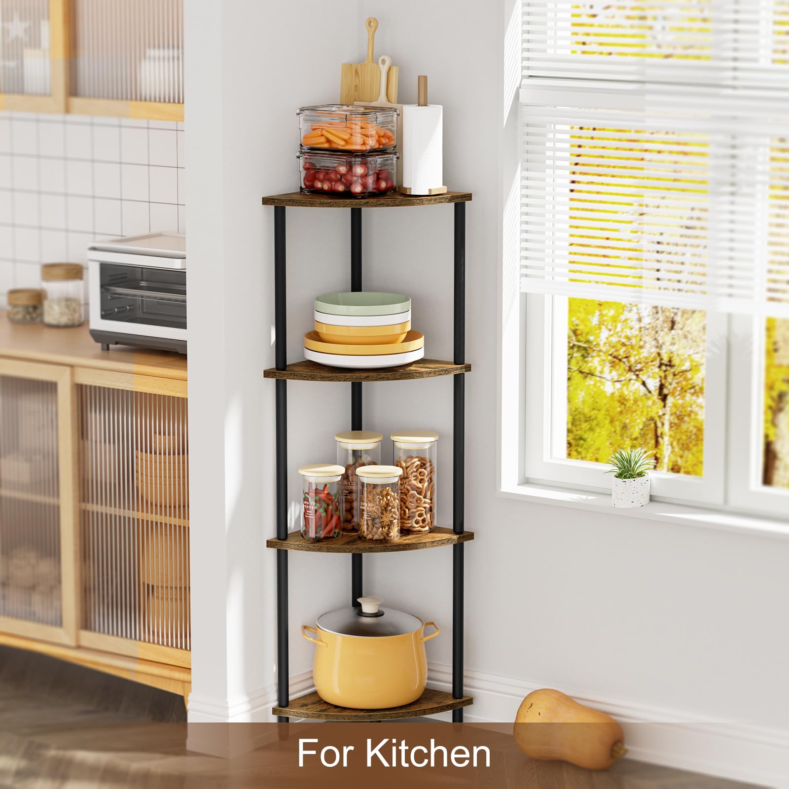 SRIWATANA 4-Tier Standing Corner Shelf, Corner Shelf Stand for Small Space, Corner Display and Storage Shelf for Bedroom, Living Room, Home Office, 4 Tier