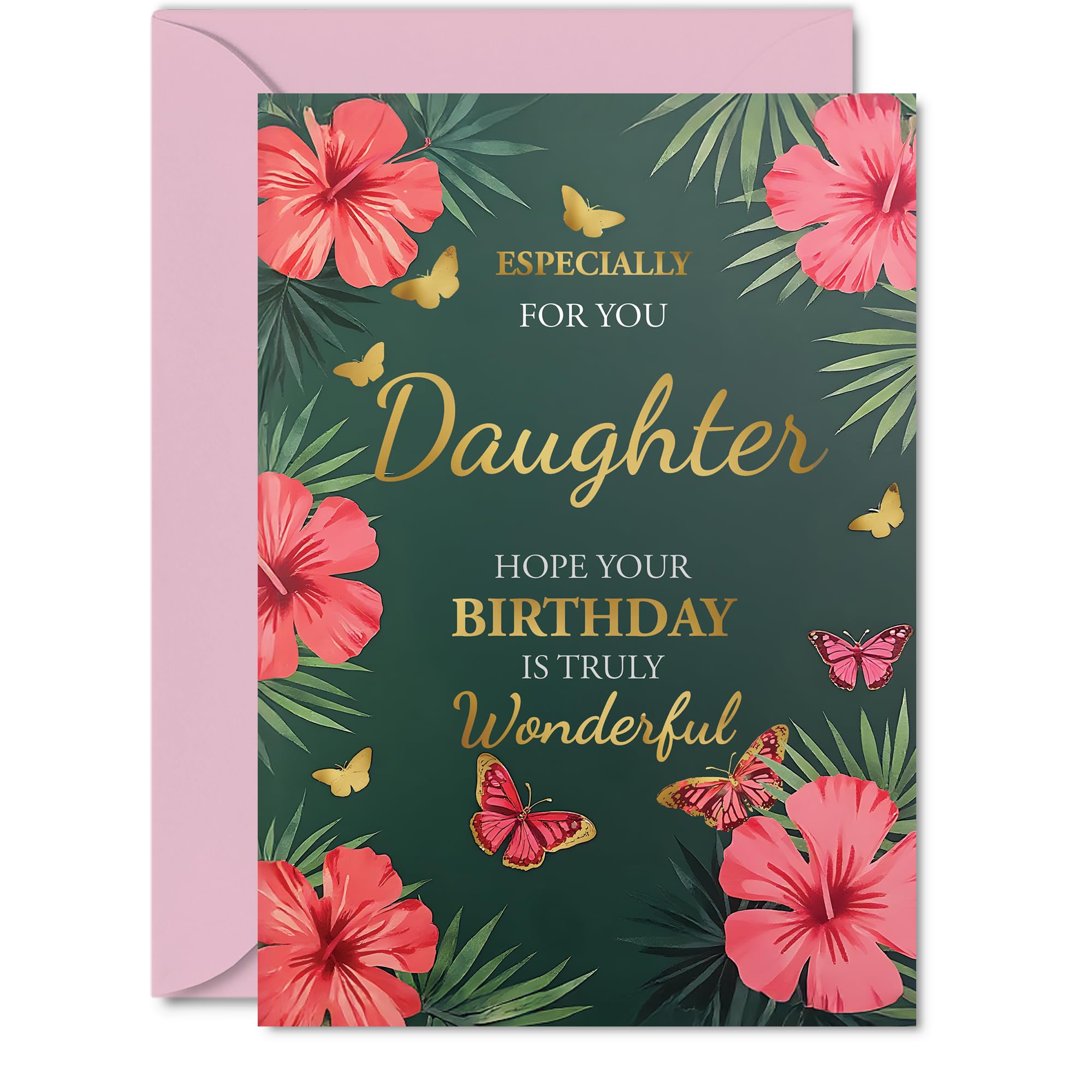 Gold Daughter Birthday Card - Butterflies & Flowers - Happy Birthday Card for Daughter from Dad Mum, A5 Golden Butterflies & Flowers Bday Greeting Cards