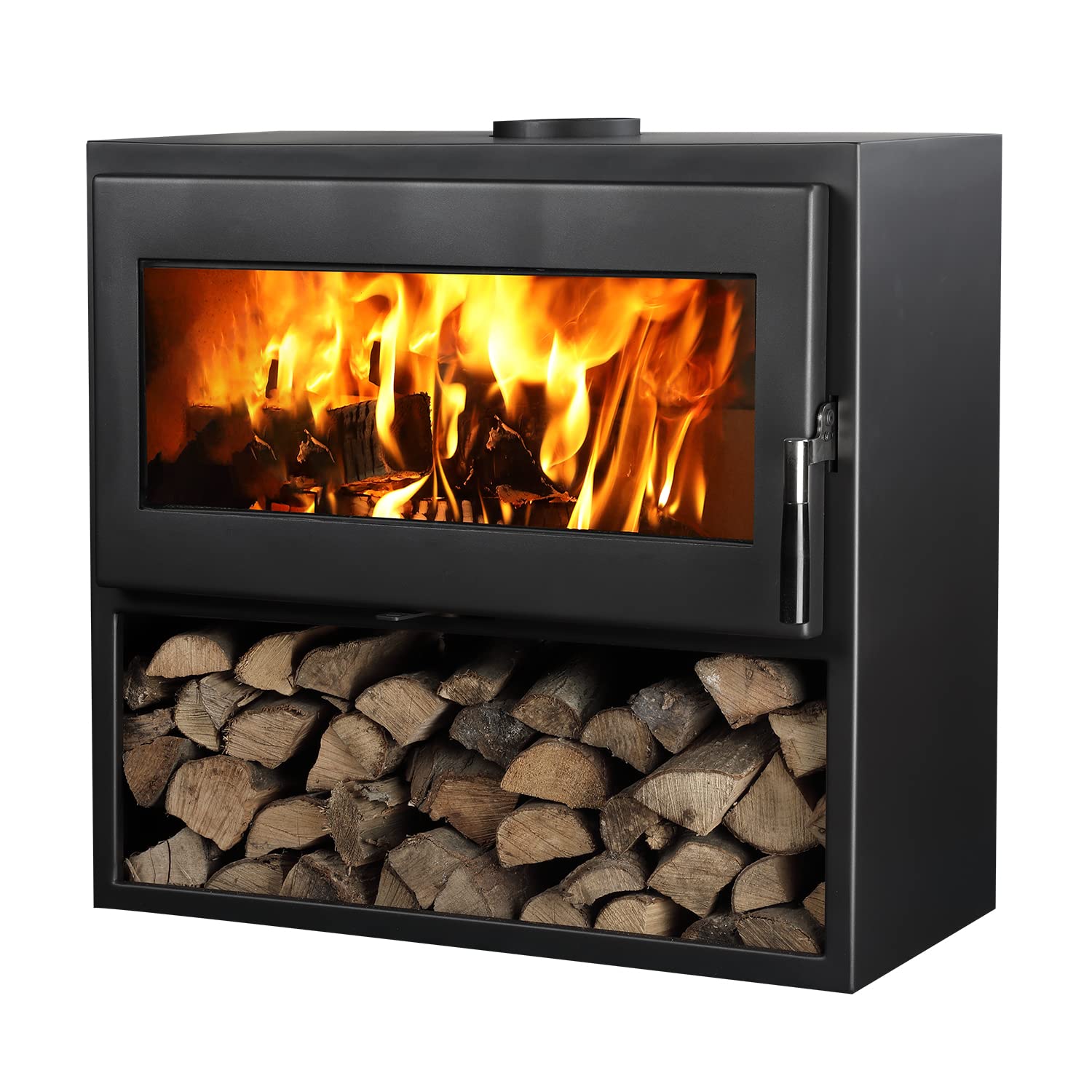 Supra LARRY BÛCHER - Stufa a legna, sistema vetro pulito, doppia combustione, design, sicura fino a 150m2, 15x37x70, nero e color acciaio