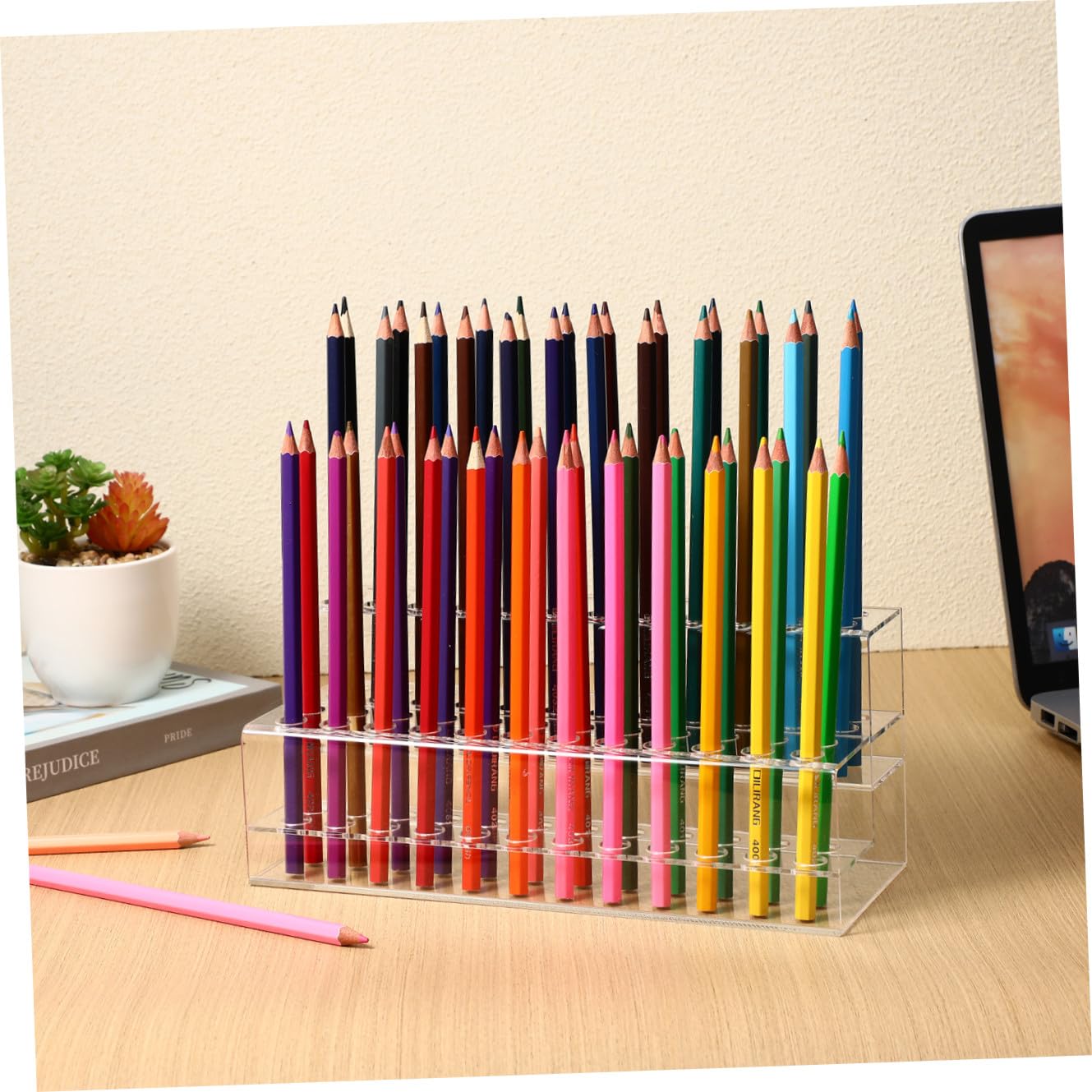 OSALADI Portapenne Trasparente in Plastica 2 Livelli 48 Stand Organizer per Pennelli e Articoli da Scrivania Design Salvaspazio per Casa e Ufficio