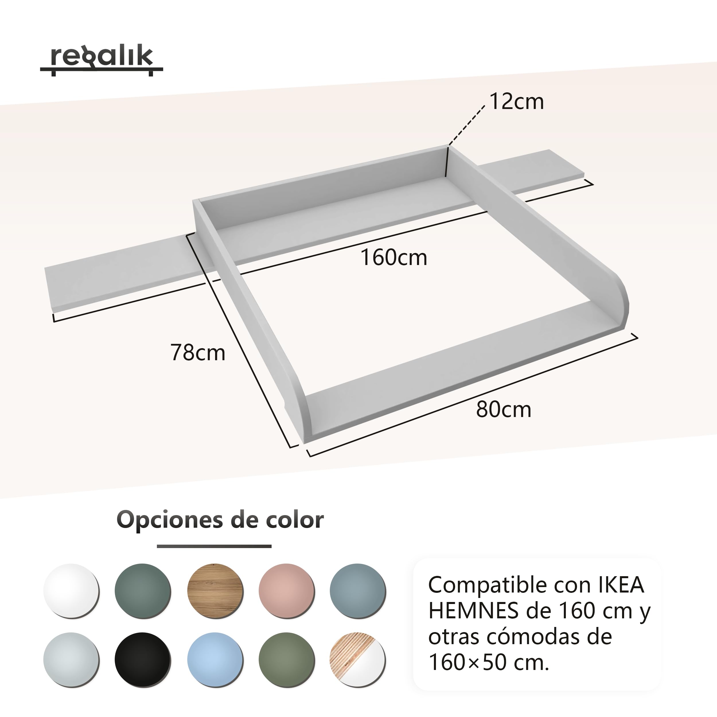Cambiador con Tablero para Hemnes, Accesorio para Cómodas de 50x160 cm, Accesorio Desmontable para Cambiador, Paneles Frontales Redondeados, Blanco