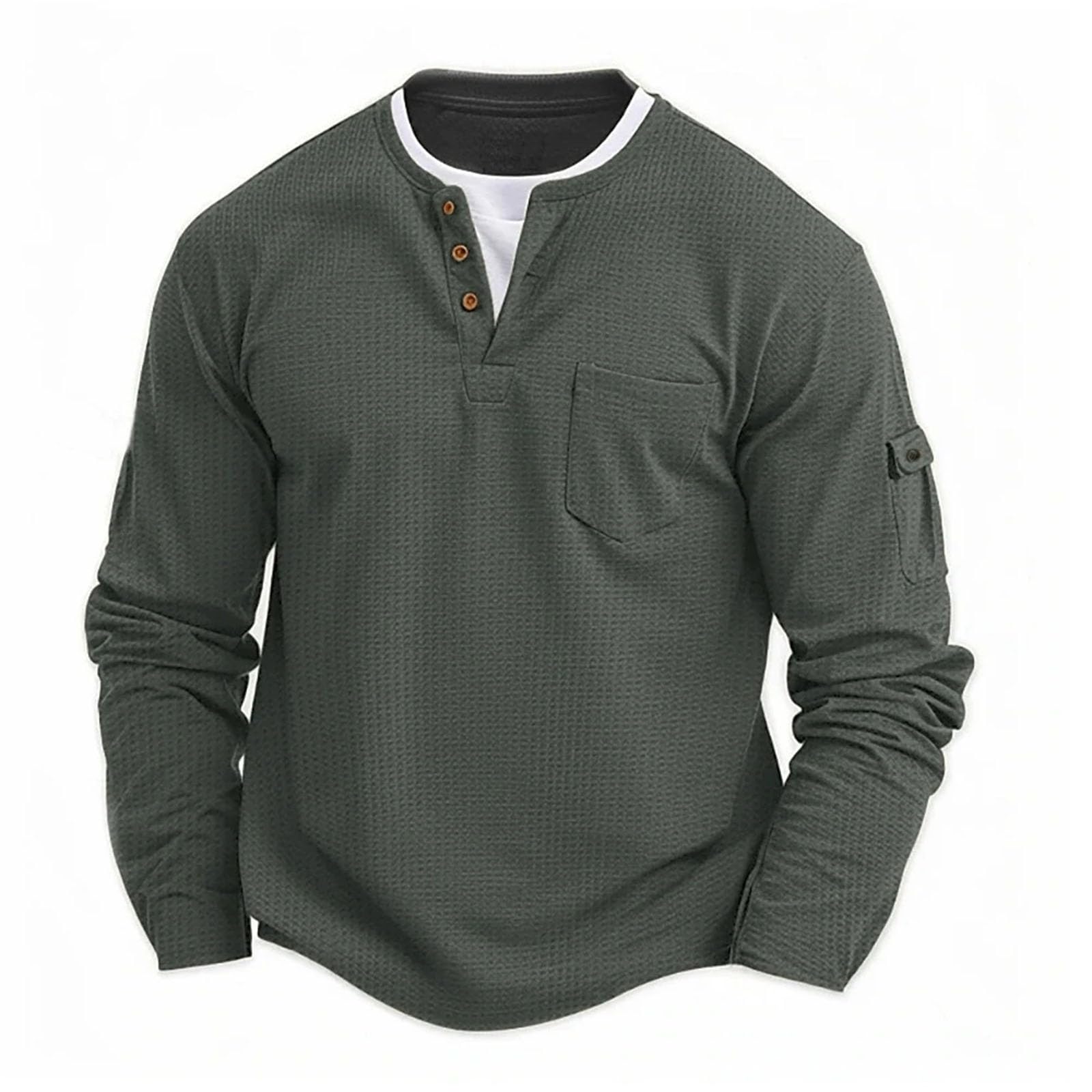 Camicia da uomo a maniche lunghe con bottoni casual tinta unita T-shirt alla moda in cotone a nido d'ape finto strato di base a due pezzi