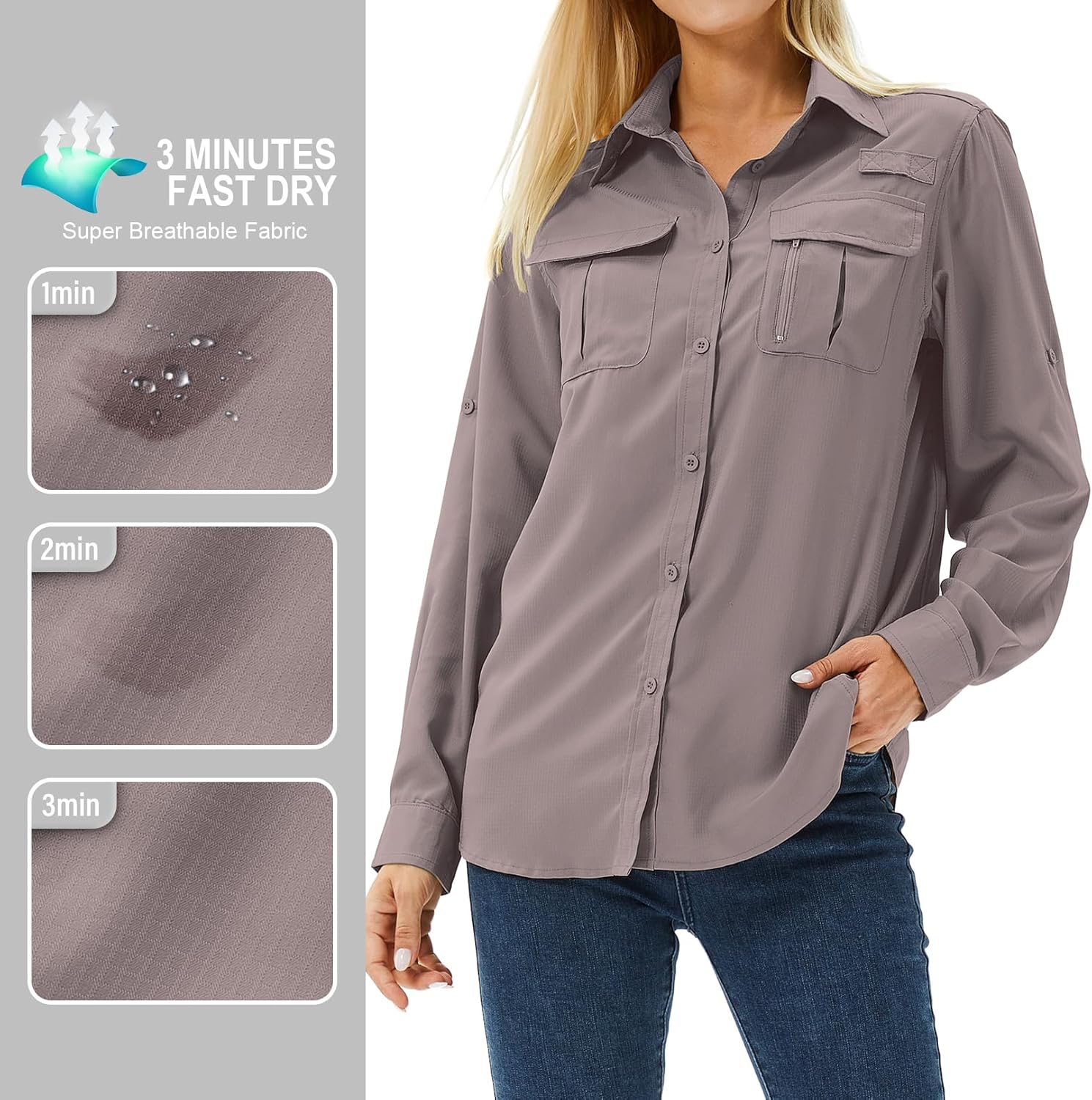 Women's UPF 50 Long Sleeve Sun Protection Shirts Safari Fishing Hiking - Image 8