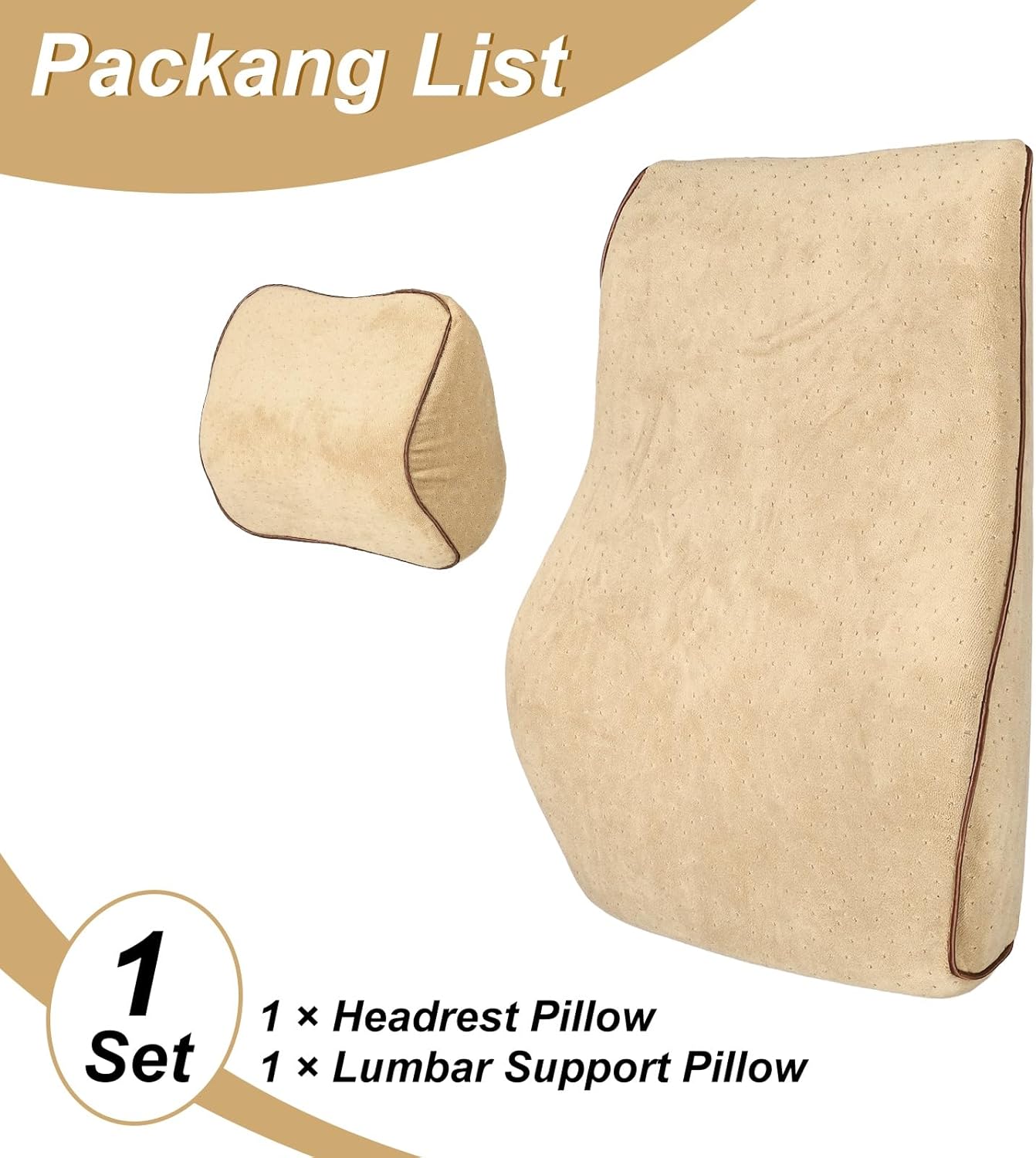 HARFINGTON Car Headrest & Lumbar Support Pillow Kit Memory Foam Ergonomic Seat Headrest & Lumbar Cushion for Driving Home Office Car Seat, Camel