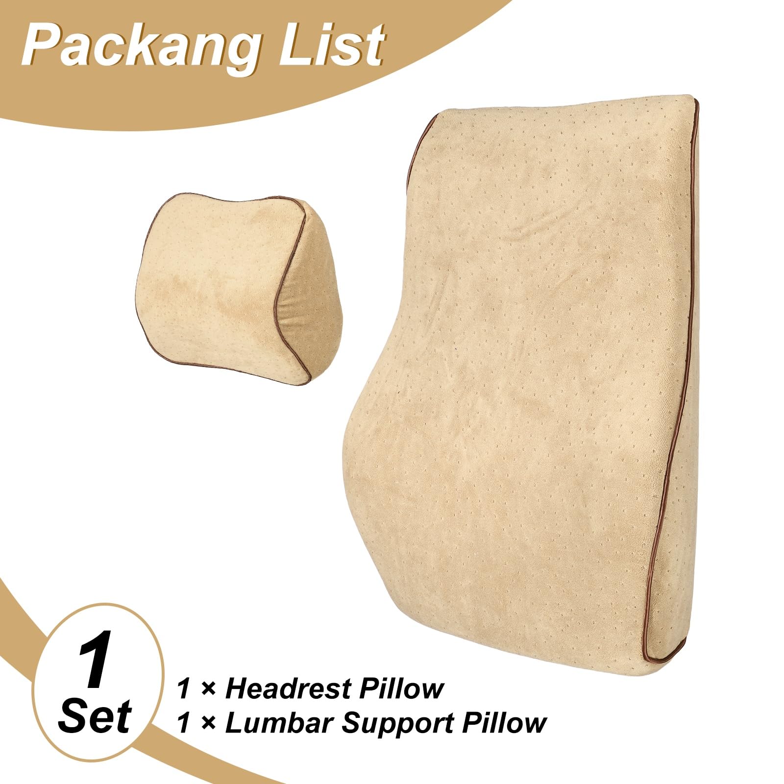 QUARKZMAN Kit Cuscino Ergonomico Per Testiera E Supporto Lombare In Memory Foam Per Auto Ufficio E Casa, Camel
