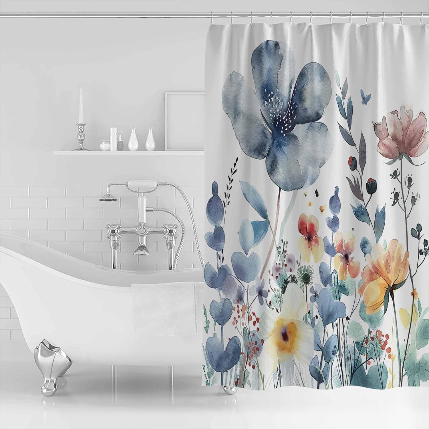Decorative Shower Curtain Blue Floral Country Polyester Fabric Waterproof Bath Shower Curtains Bathroom Accessories Rustic Flowers Leaves Farmhouse Machine Washable Curtain 48x72 Inch for Home Hotel