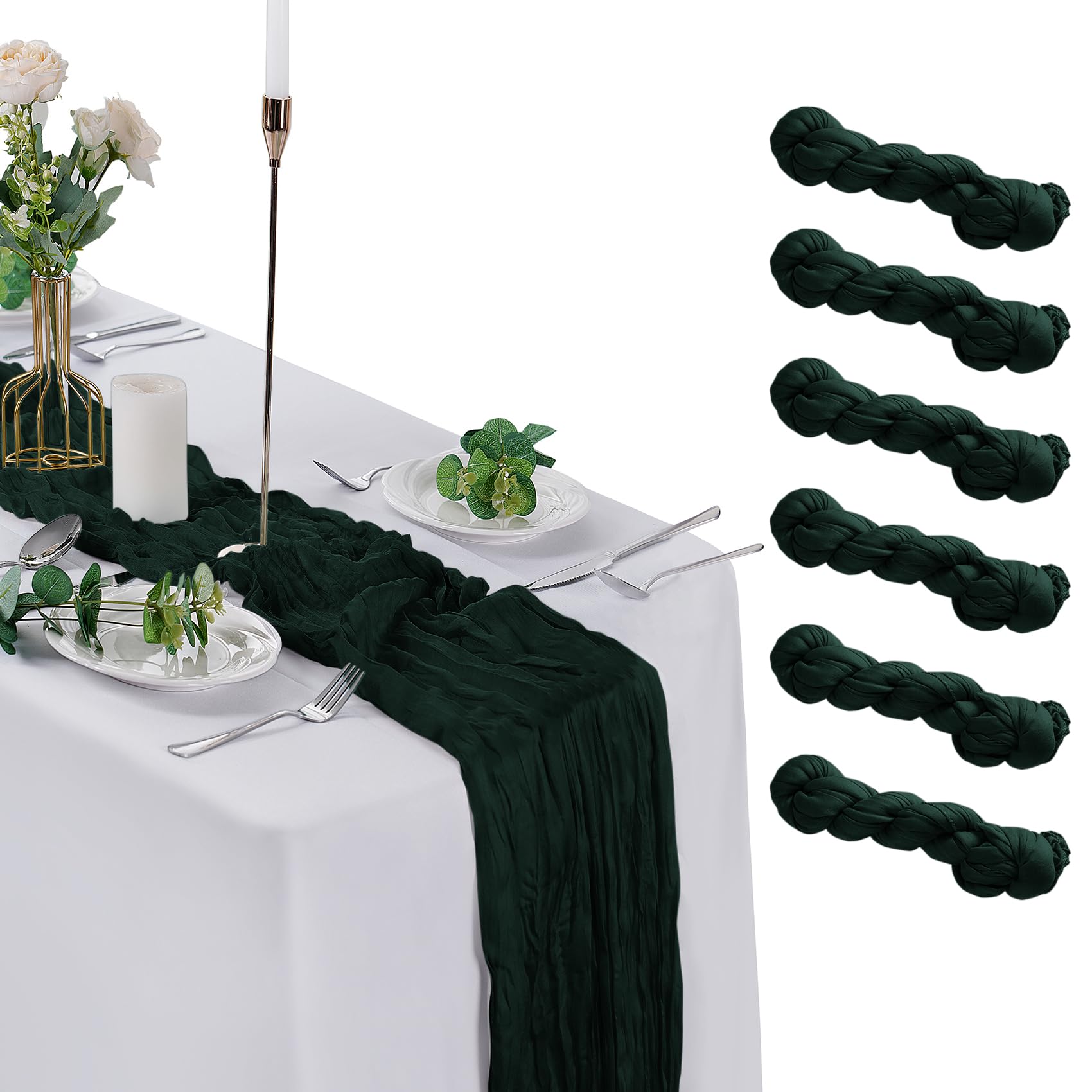 flohar 6 Pack Christmas Emerald Green Cheesecloth Table Runner 9ft,17 x 108 inch Gauze Table Runner Rustic Romantic Wedding Runner for Wedding Bridal