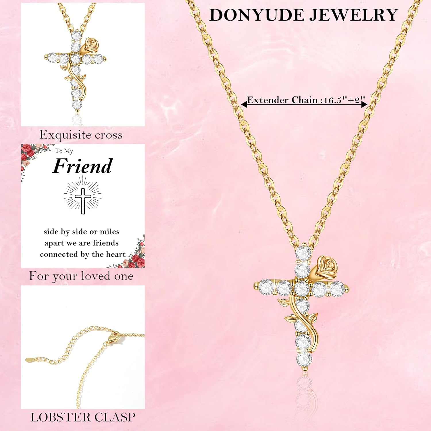 Valentines Day Gifts Religious Cross Necklace for Women with Rose Faith Christian Gifts for Women Mom Sister Baptism Catholic Communion Gift 14k Gold Plated Necklace for Daughter Granddaughter Confirmation Easter Jesus Gift Jewelry - Image 7