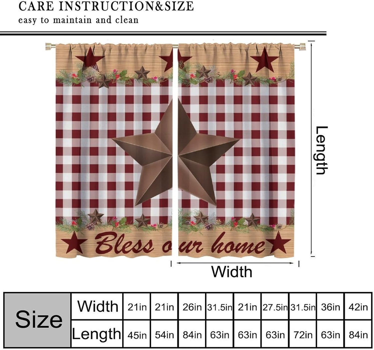 Vintage Farm Curtains,Brown Western Star Plaid Rustic Wooden Plank Berry Print Drapes for Bedroom Living Room Kitchen Window Treatment 2 Panels Set Total Size 42" W X 63" L Inch