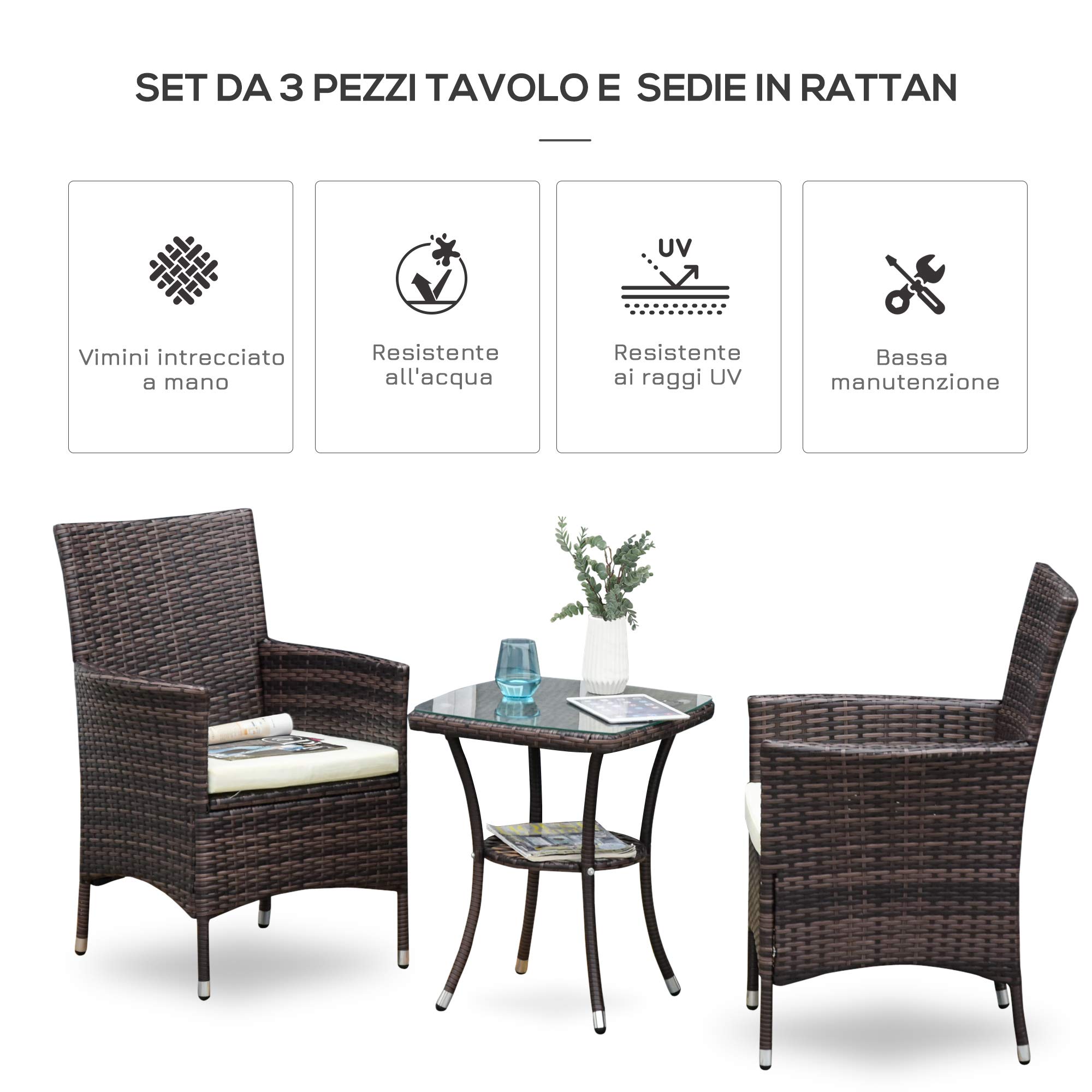 Outsunny Set Mobili da Giardino Rattan Set Arredamento Giardino 3pz Tavolo con 2 Sedie con Cuscini Marrone