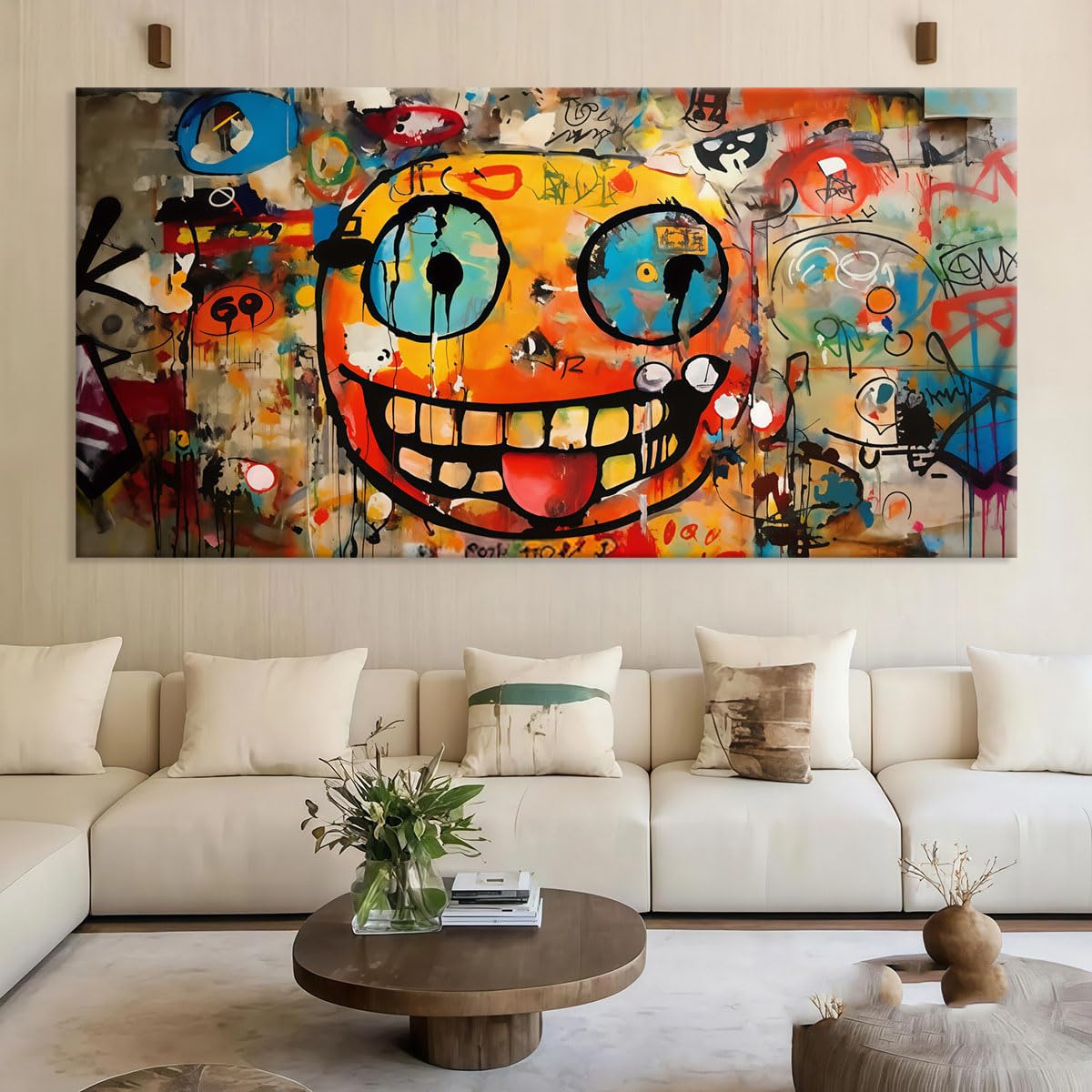 Abstrakcyjny nowoczesny obraz dekoracyjny z wesołą twarzą i kolorowym graffiti na ścianę (60 x 120 cm / z ramą)