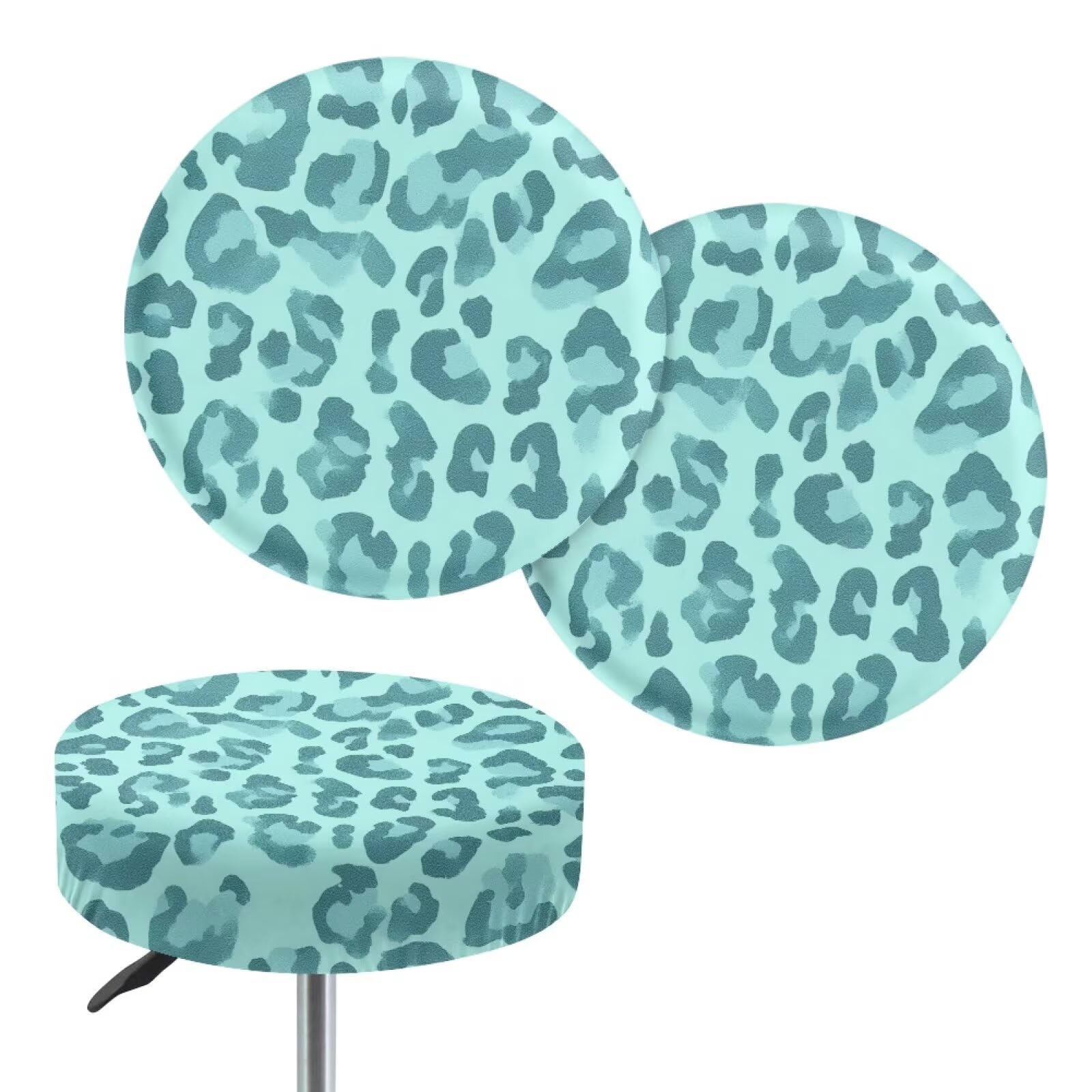 Wanyint Round Bar Stool Seat Covers Stretchy Irish Stool Slipcovers 12-14 Inch Bathroom Vanity Stool Seat Cover for Home Bar Decor, 2 Count, Mint Green Leopard Print — image 1