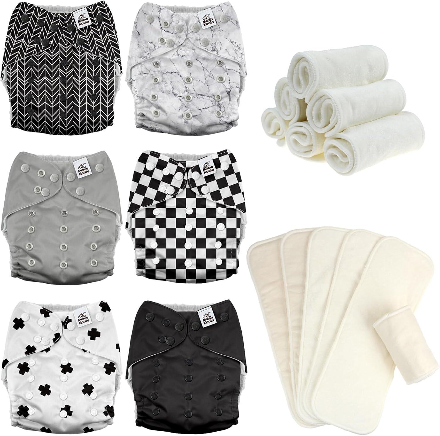 Mama Koala 3.0 Baby Cloth Diapers with 6 Inserts Bundle(Black and White), with 6 Pack 6-Layer Bboo Hemp Cotton Inserts