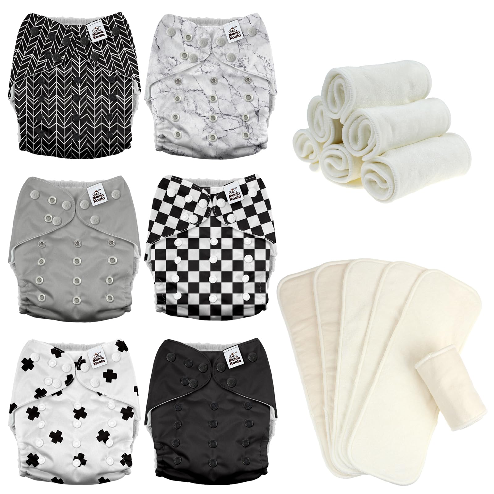 Mama Koala 3.0 Baby Cloth Diapers with 6 Inserts Bundle(Black and White), with 6 Pack 6-Layer Bboo Hemp Cotton Inserts