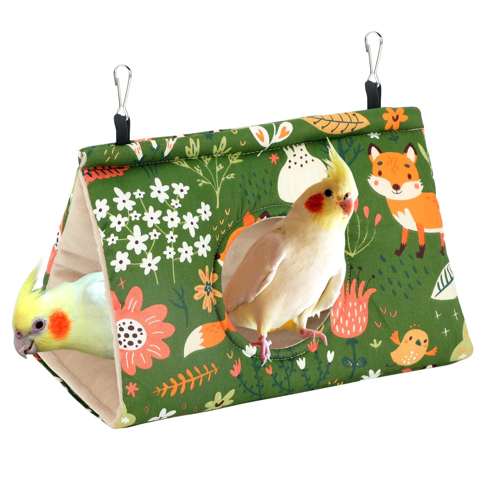 Hanging Bird Nest House, Winter Warm Fluffy Hideaway Bed, Plush Velvet Hammock Hut for Parrot, Parakeet, Cockatiel, Budgie, Lovebird, Medium Size, Green