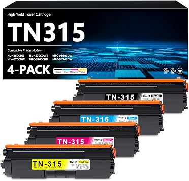 TN315 Toner Cartridge High Yield 4-Pack TN-315 BK/C/M/Y Toner HL-4570CDW | Replacement for Brother TN315 TN310 Compatible with HL-4140CN HL-4150CDN HL-4570CDWT MFC-9460CDN MFC-9560CDW MFC-9970CDW