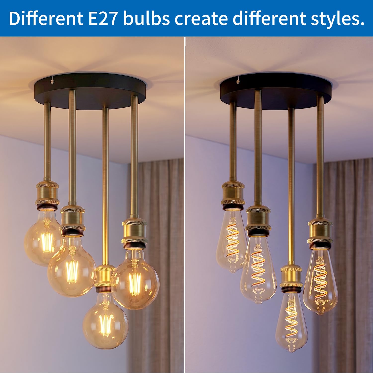 ANWIO Lampadario a Sospensione E27, Lampada da Soffitto Industriale Vintage Nero, Lampadari Cucina 4 Luci，Lampadario Moderno Per Soggiorno, Sala da Pranzo, Camera Da Letto(Senza Lampadina)