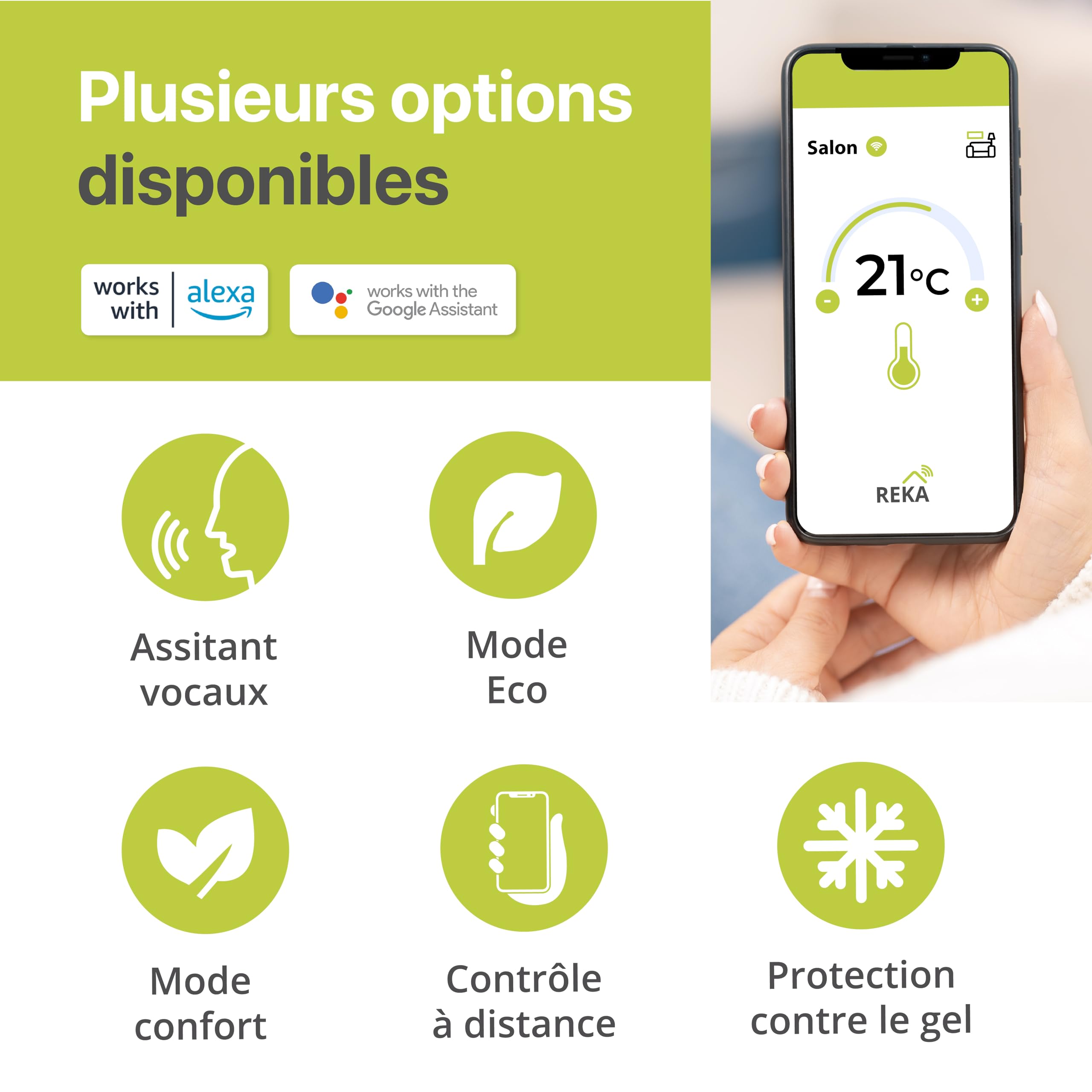 Thermostat pour radiateur Electrique Intelligente Connectée REKA - Contrôle Température Via Appli Tuya, Programmation, Détection Fenêtres Ouvertes - Compatible Assistants Vocaux (5, avec Passerelle)