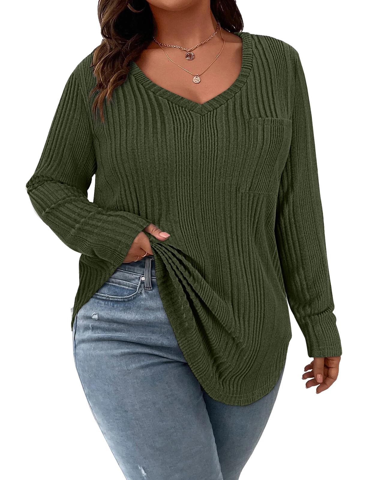 Koscacy Women Plus Size Casual Knit Sweater with Pocket V Neck Solid Color Tops Lightweight Long Sleeve Blouses