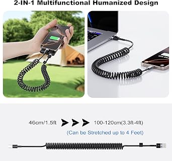 2Pack CarPlay USB A to USB C Coiled Charge Cable for iPhone 15,Short Car/Uber Charging Cord Sync Data Retractable Charger for iPhone 15/16 Pro Max, Samsung, for Apple CarPlay & Android Auto-4Ft Black