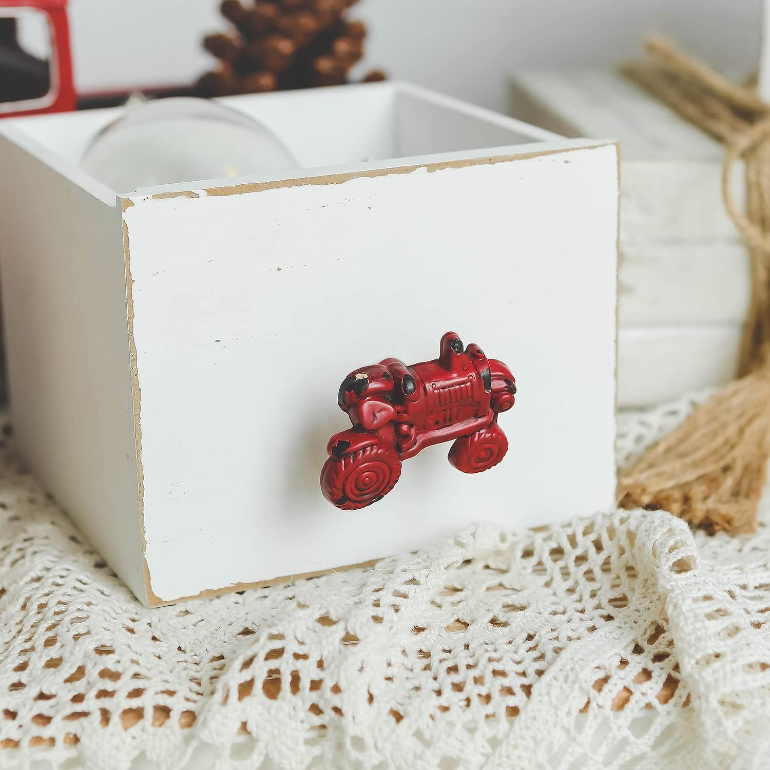 SOFFEE DESIGN Set of 2 Vintage Red Cabinet Knobs for Drawer, Farm Vehicle Farmhouse Theme Aged Treatment Antique Door Knobs with Mounting Screws for Cupboard, Kitchen Furniture