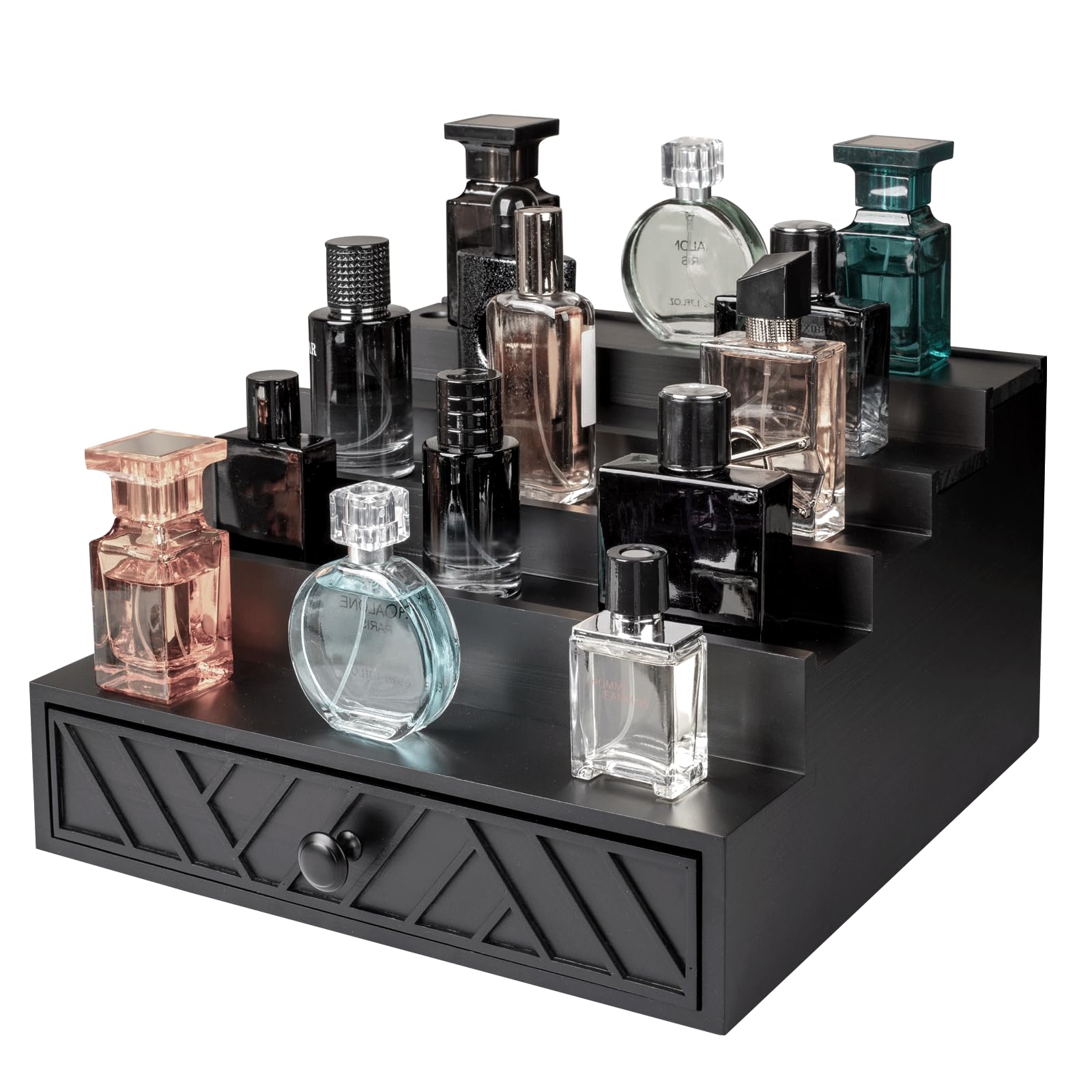 Organizador de Colonia de Madera 5 Niveles con Cajón Oculto | Estante Decorativo para Dormitorio y Baño, Expositor de Perfumes con Diseño Geométrico Moderno