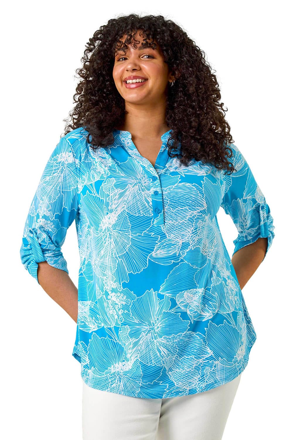 Roman Originals Women's Turquoise Plus Shirt For Uk Top Collarless Blouse Stretchy Tunic Smart Casual Autumn Winter Jersey 3/4 Length Sleeve Notch V Neck Flattering Office Work - Size 18