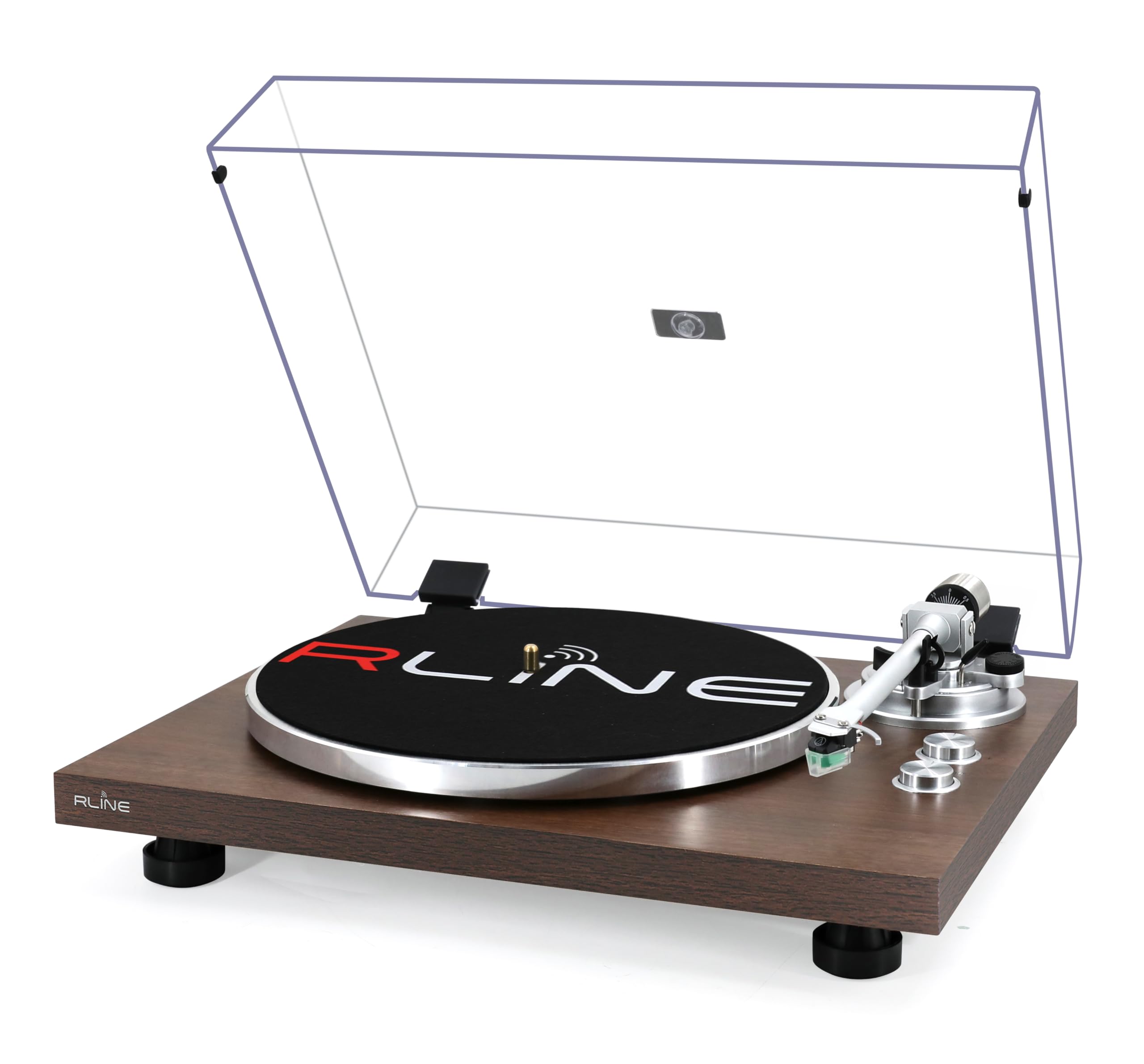 RLINE Gramofon winylowy Bluetooth, orzech włoski, odtwarzacz winylowy 33 i 45 obrotów, talerz ciśnieniowy 12" aluminium, wkład magnetyczny VM-95E, aktywny przedwzmacniacz, funkcja zapobiegająca