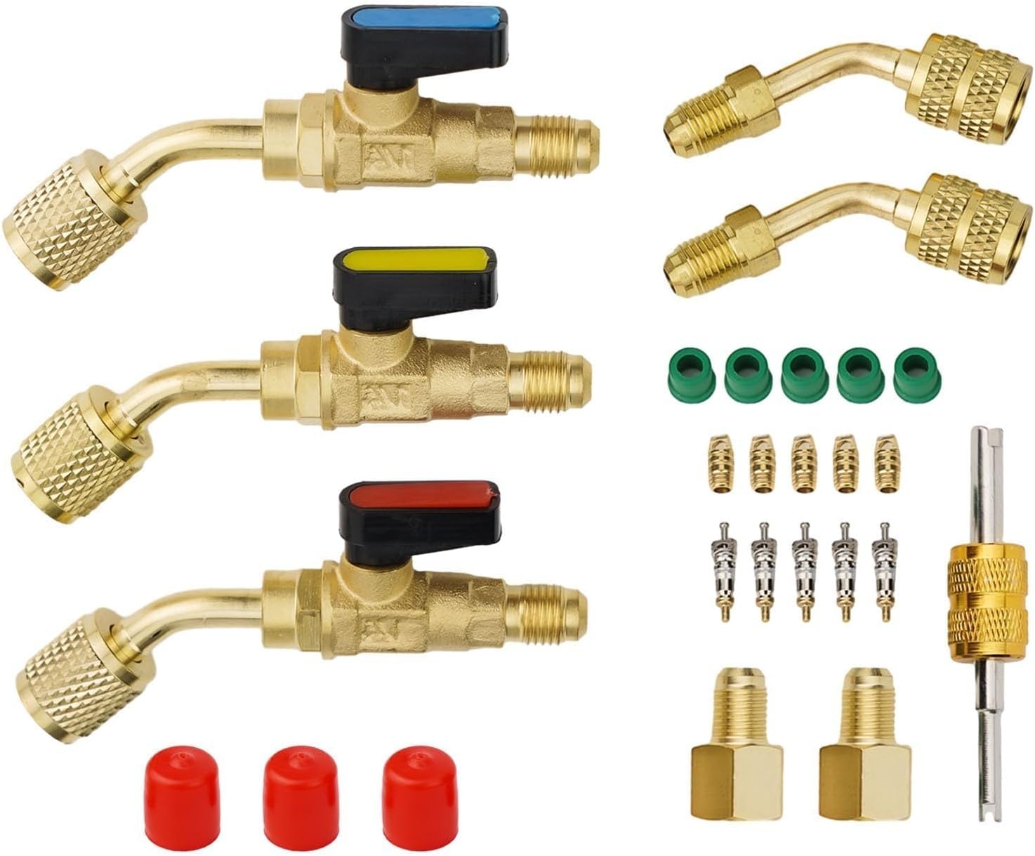 Compact 45 Degree Manual Ball Valve Adapter Kit for R410A & R134A AC - 1/4 Inch SAE Male & Female Ends