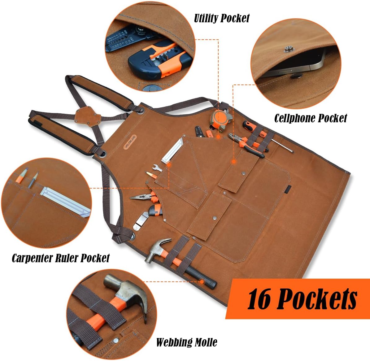 WELKINLAND 16-Pockets Waxed-Canvas Tool Apron, Heavy-Duty Woodwork Aprons, Fully-Adjustable Carpenter Apron, 34" x 27" Blacksmith Woodworking Apron - Image 6