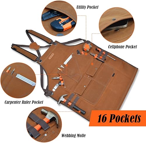 Miniatura 6 de WELKINLAND Delantal de herramientas de lona encerada de 16 bolsillos, delantales de carpintería de alta resistencia, delantal de carpintero