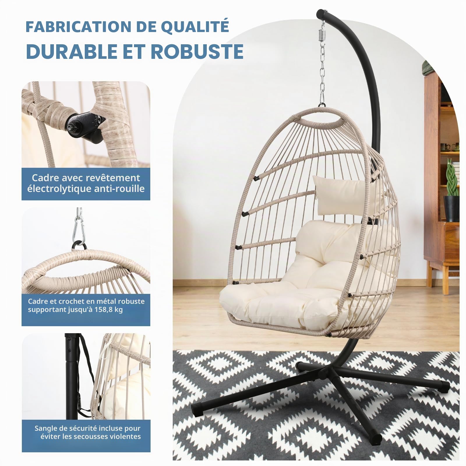 Goutime Chaise Suspendue en Forme d’œuf avec Structure de Support