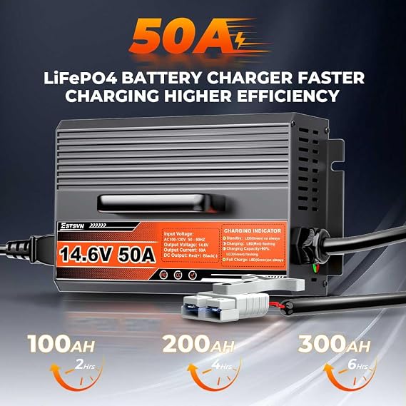 50 Amp 14.6 Volt LiFePO4 Lithium Battery Charger, 12V 50A LiFePO4 Fast Charger with Anderson Connector, Support 0V Activation, AC-DC Smart Charger for RV, Boat, Car, Marine, Trolling Motor