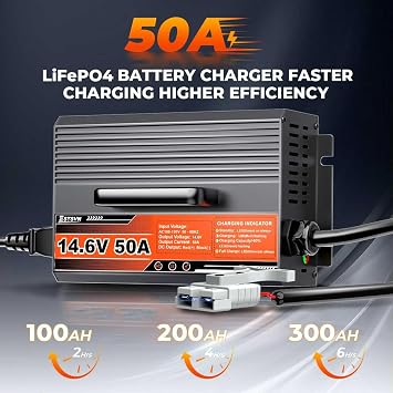 50 Amp 14.6 Volt LiFePO4 Lithium Battery Charger, 12V 50A LiFePO4 Fast Charger with Anderson Connector, Support 0V Activation, AC-DC Smart Charger for RV, Boat, Car, Marine, Trolling Motor