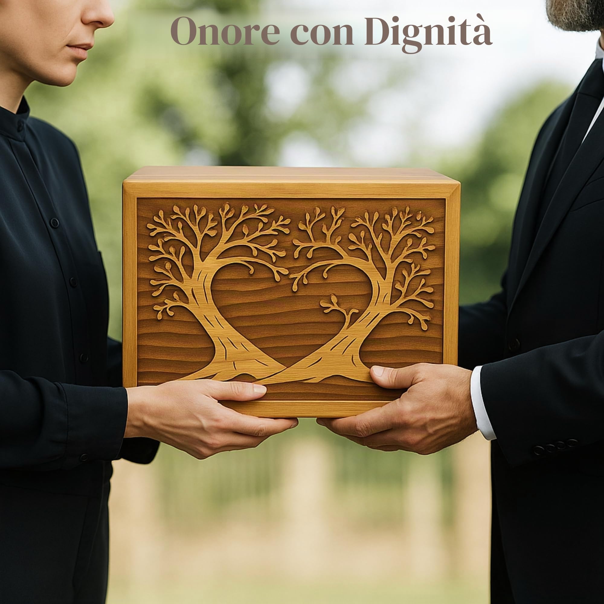 Scatola di legno funeraria per ceneri umane, grande, urna per colombario, albero della vita, uccello volante (630 cm³, albero gemello - cuore)