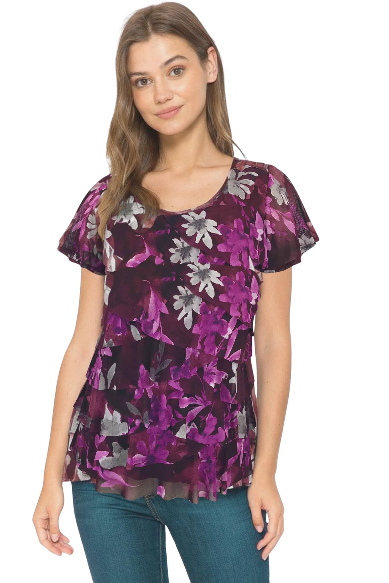 LEEBE Women and Plus Size Printed Mesh Ruffle Top (Small-5X)