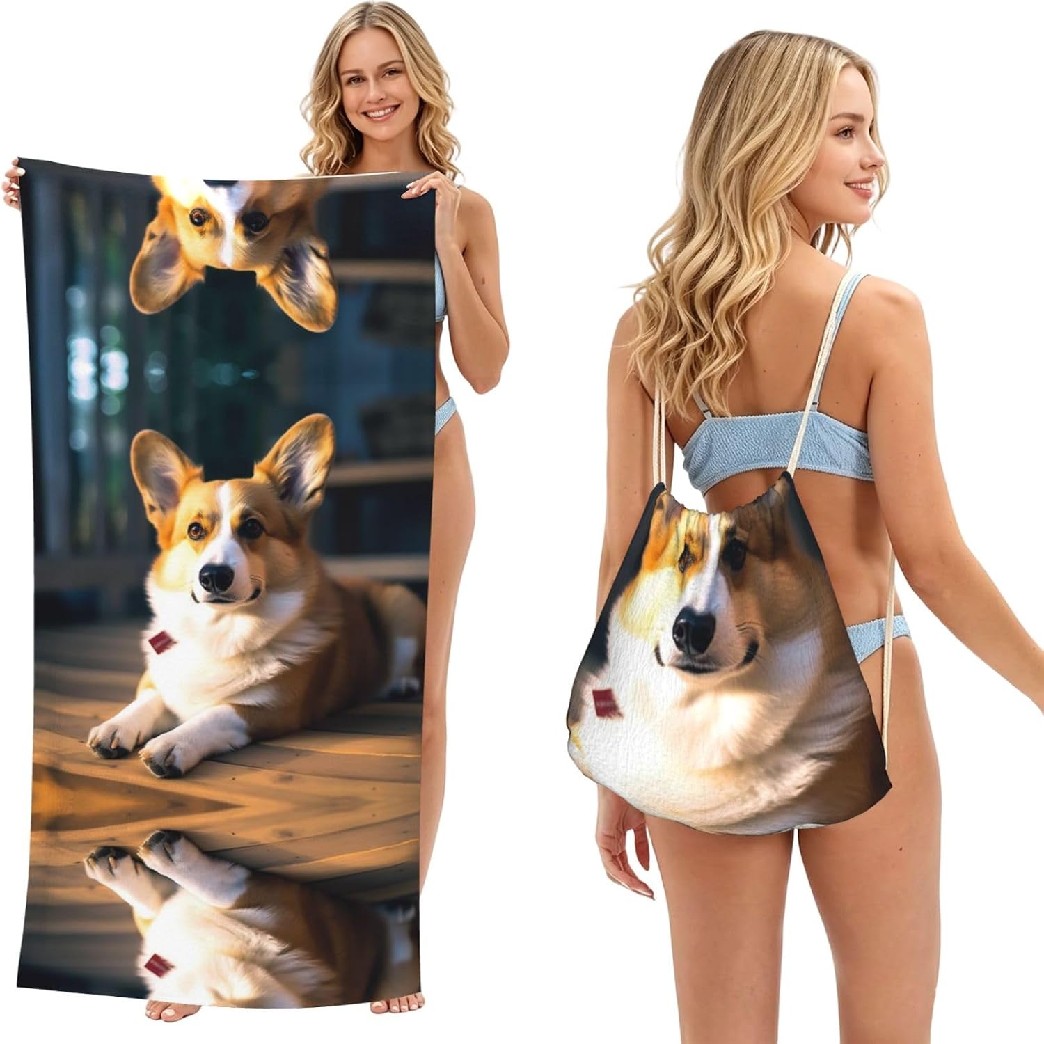 2 in 1 Packable Towel Bag,Soft Absorbent Pool Towels Backpack Quick Dry Lightweight Beach Towels Smart Corgi Drawstring Bag for Travel Camping Sports Picnic